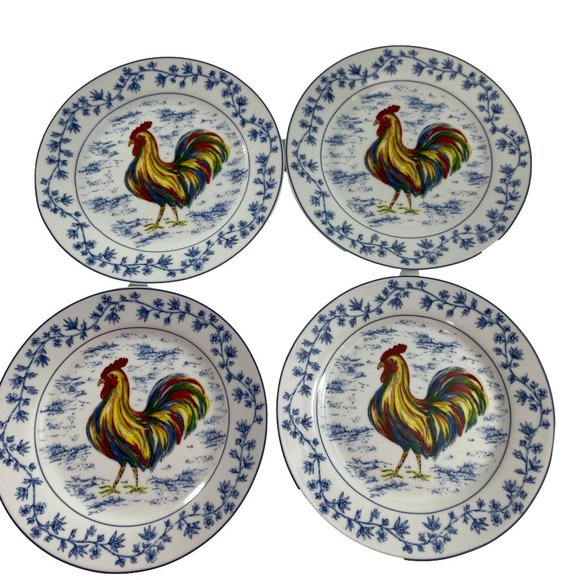 4 Home Essentials Porcelain Treasures 7.5" Plates Rooster French Country Blue - Picture 1 of 5
